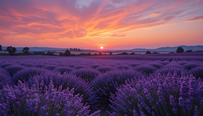 Fototapeta premium Sunset sky over lavender fields, warm pink and purple tones, peaceful countryside landscape, ultra-HD, professional nature photo