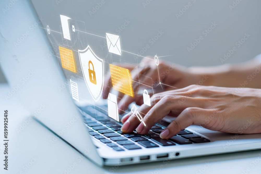 Aufkleber person typing on a laptop with security shield and email icons floating above the keyboard in a stud