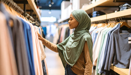 Woman shopping clothes store hijab.