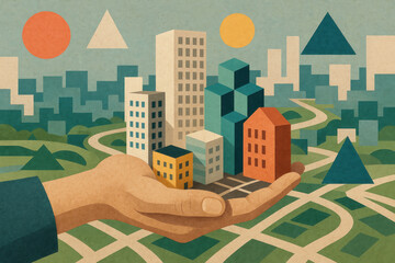 Hand holding mini city with buildings.