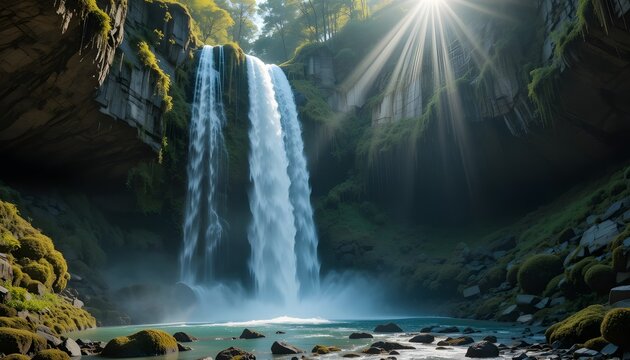 Majestic waterfall flowing down rocky cliffs, green moss surrounding, sunlight rays, ultra-HD, professional travel and nature photography
