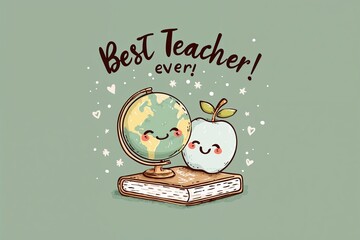 Adorable  illustration of a smiling globe and apple with books and the text Best Teacher Ever for World Teachers’ Day