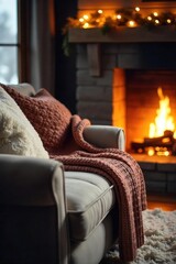 Cozy winter scene featuring a plush couch draped with a thick knit throw blanket, illuminated by warm, inviting fireplace light Perfect for relaxation and seasonal comfort , rest, festive, cozy