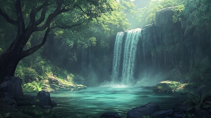 Tranquil waterfall cascading into a serene pool in a lush green forest