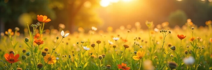 Fototapeta premium Golden hour sunlight bathes a vibrant summer meadow in warm hues, wildflowers swaying gently in a light breeze Perfect for summer, nature, and carefree vibes , vibrant, outdoor