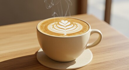 Steaming Latte Art: Heart-Shaped Design on Wooden Table