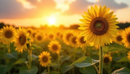 Obraz premium Golden hour sunlight illuminates a vibrant, sun-drenched field of sunflowers, swaying gently in a warm breeze; a scene of pure, unadulterated joy and summer bliss , growth, hope, tranquil