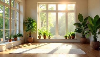 Obraz premium A tranquil scene of a sun-drenched yoga studio, featuring plants, calming colors, and natural light streaming through large windows, promoting a sense of serenity and well-being , balance, health