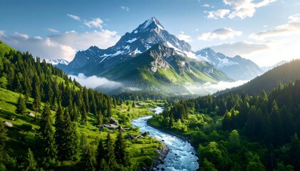 Majestic mountain range with valley, river, and lush forests.  Sunlight bathes the scene