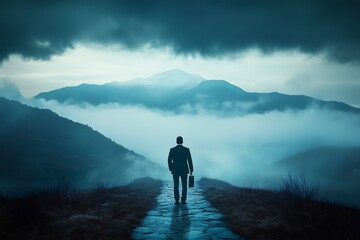 Businessman walking towards mountains in fog carrying a briefcase alone