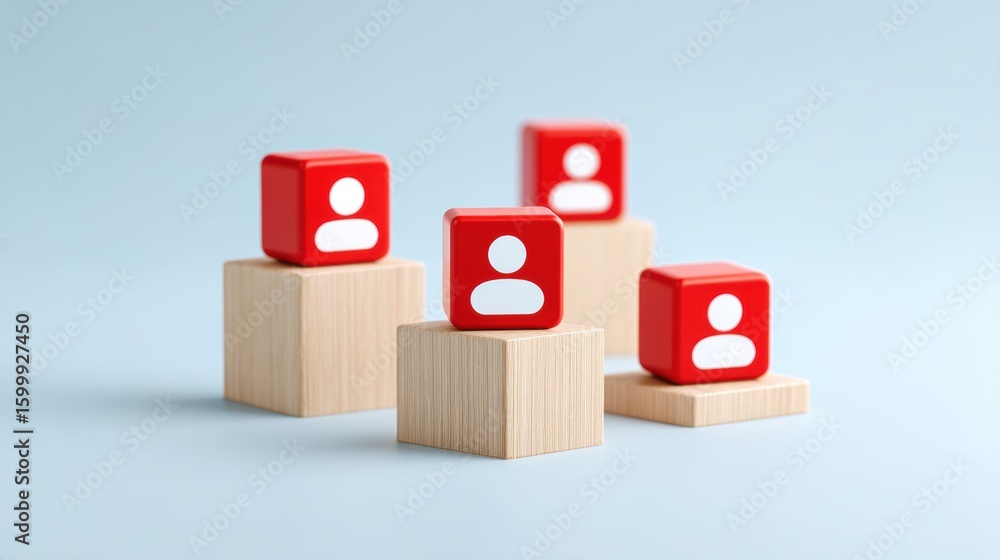 Poster new market access. red blocks with user icons on wooden platforms representing social networking and