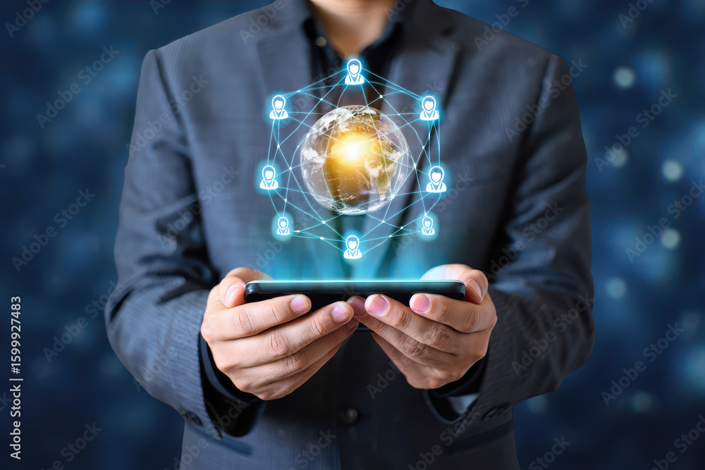 Poster man holding a smartphone with a digital globe and connected people icons displayed above it