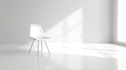 Minimalist interior with bright natural light, empty space featuring simple chair and light reflections on sleek floor.