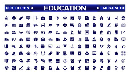 Education and learning icon set. Solid vector icons related to education, success, academic subjects, and more.