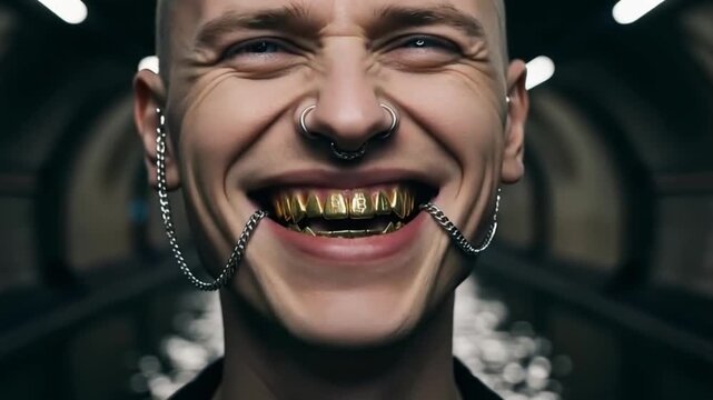Urban Edge Portrait - 4K Loop Pierced Face turns his head with Gold Grills for Streetwear & Music Projects  