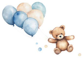 Teddy bear run floating with a bubble balloon produce fruit.