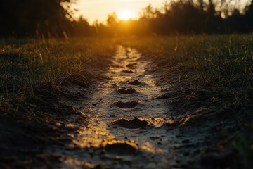 Footprints on a dirt path at sunset.
