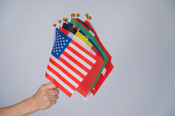 A woman's hand holding a bunch of small flags of different countries. 