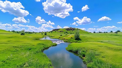 Serene Summer Meadow Landscape Green Grass, Blue Sky, and Winding Stream