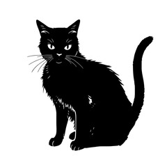 black cat silhouette illustration with sharp eyes and curved tail