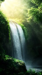 Serene waterfall cascading through lush green forest with bright sunlight