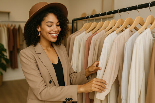 Woman in hat browsing clothes on rack.