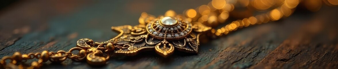 Close-up of antique gold jewelry, intricate details, worn patina, reflecting light Rich textures, vintage aesthetic, luxurious feel, timeless elegance , golden hour, glimmer, vintage