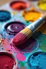 Close-up of a paintbrush resting on a palette with vibrant colors, ready for artistic creation The bristles are soft and the paint is richly textured , palette, brush, colorful