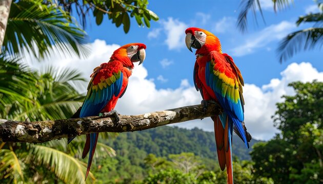 Scarlet macaw parrots perched on branch in tropical rainforest setting