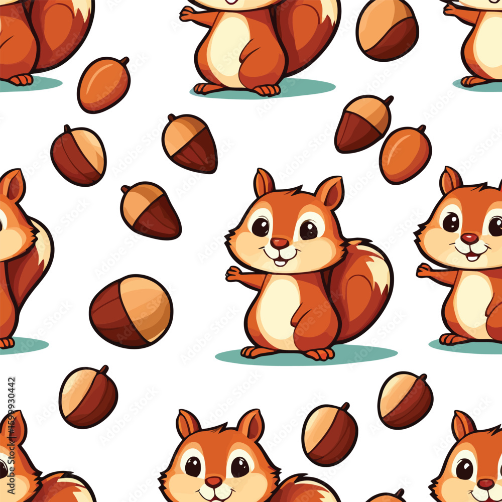 Poster seamless cartoon squirrel and acorn pattern - cheerful repeating design for children's apparel, fabr