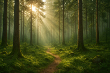 Fototapeta premium Sun shining through trees along forest path.