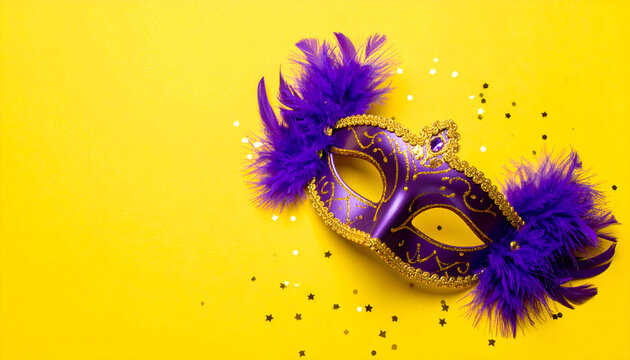 Purple Mardi Gras Mask with Yellow Background.