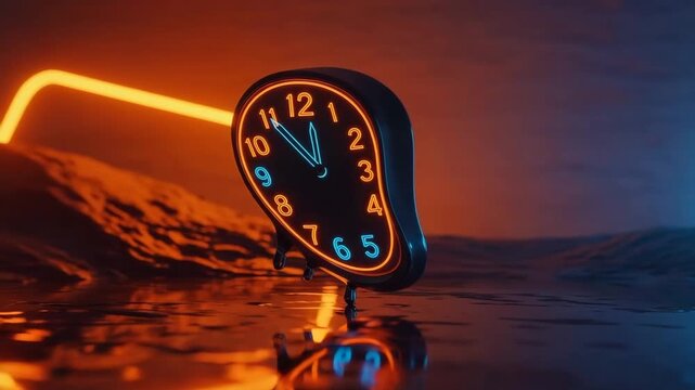 Surreal melting clock face with neon numbers glowing in vibrant colors