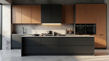 Modern kitchen with dark cabinetry, wood accents, marble backsplash, large island, integrated appliances, and a window with natural light streaming in