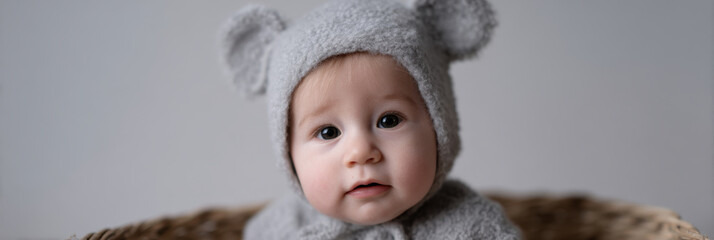 Cute baby in handmade mouse costume with curious expression