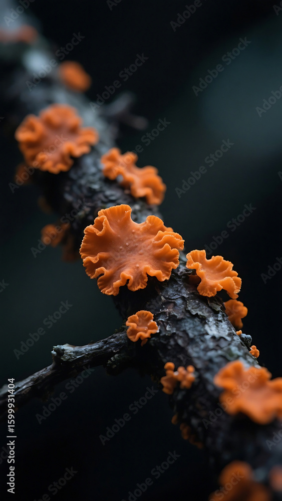 Poster close up of orange fungi growing on a dark tree branch in a natural setting with dark background