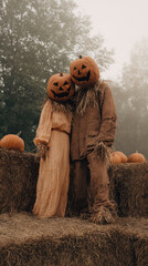 Couple in matching scarecrow costumes with pumpkin heads stands on hay bales