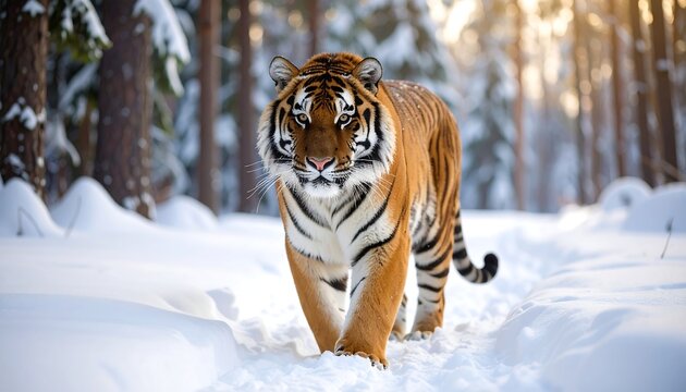 Siberian tiger walking in snow wildlife animal nature winter forest