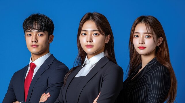 Confident Young Business Professionals in Suits Against Blue Background