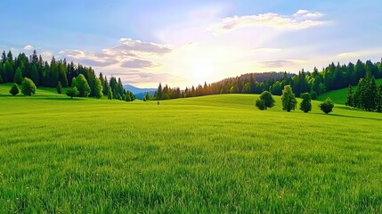 Obraz premium Serene Sunset Over Lush Green Meadow and Rolling Hills