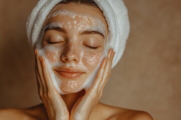 Young woman enjoying a facial cleansing routine with a soft towel wrap