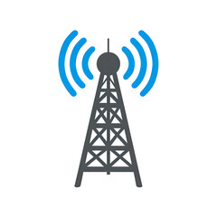 Simple Communication Tower Icon with Blue Waves on Transparent Background