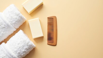 Obraz premium Flatlay of two rolled white towels, two bars of pale soap, and a light brown wooden comb on a pale yellow background. A minimalist, clean aesthetic