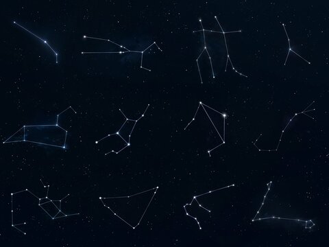 Zodiac constellations on a black background. Astrological image of horoscope symbols. Star clusters in the night sky.