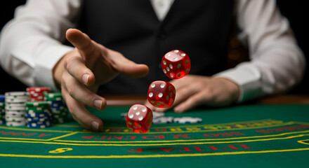 Hand Tossing Red Dice Above Green Casino Table with Poker Chips in Blurred Motion and Dark Background