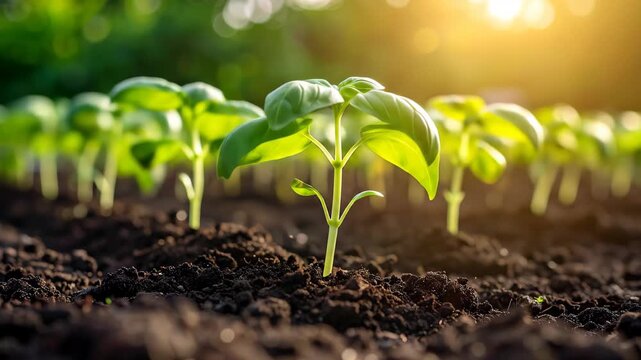 Basil Seedlings Sprouting in Rich Soil Under Bright Sunlight, Close-Up View