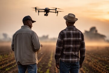 Farmers using drone technology for precision agriculture at sunset