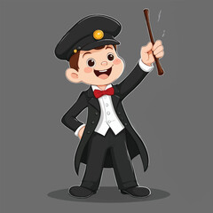 Obraz premium Delightful Cartoon Boy Conductor - Cheerful Character in Tailcoat and Bowtie Wielding Baton for Children's Illustrations and Educational Resources