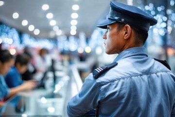 Obraz premium Security guard monitoring shoppers in busy shopping mall