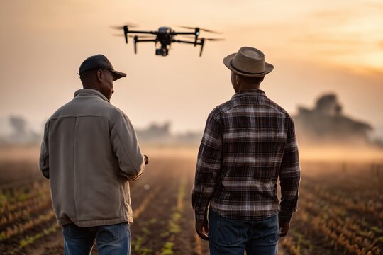 Farmers using drone technology for precision agriculture at sunset